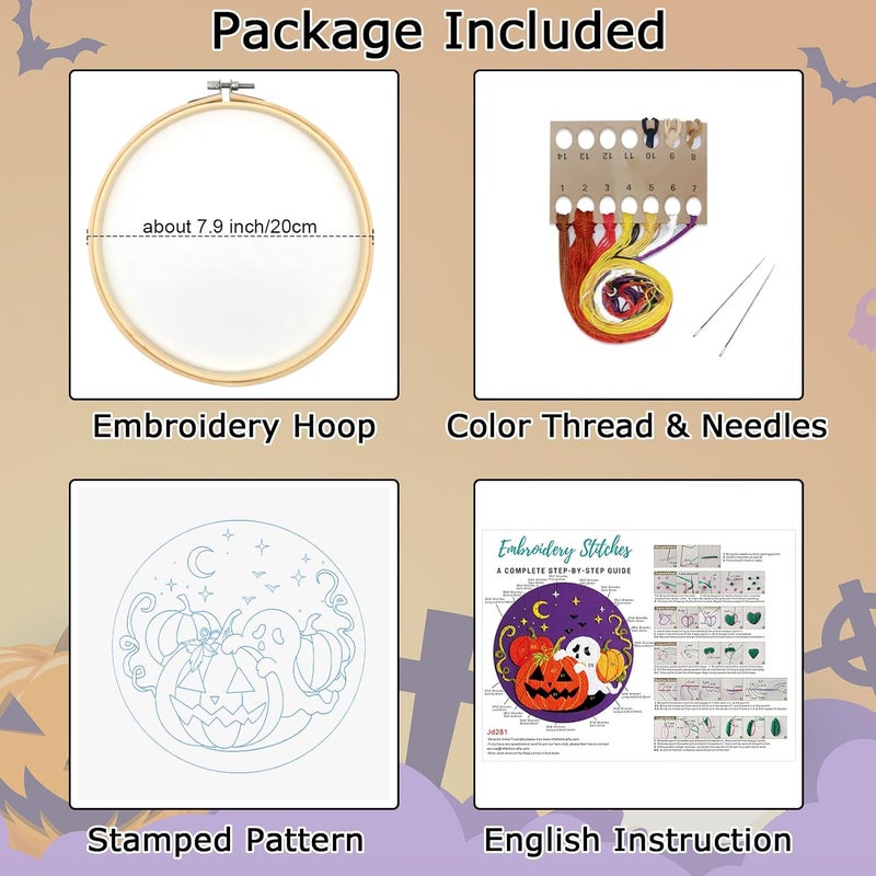 Nuberlic Halloween Embroidery Kits for Beginners Ghost Pumpkin DIY Cross Stitch Starter Craft Kits for Adults Including Cloth with Pattern Hoop Needles Instruction and Threads - Image 3